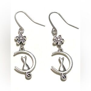 Silver Cat On Crescent Moon  and Flower Earrings